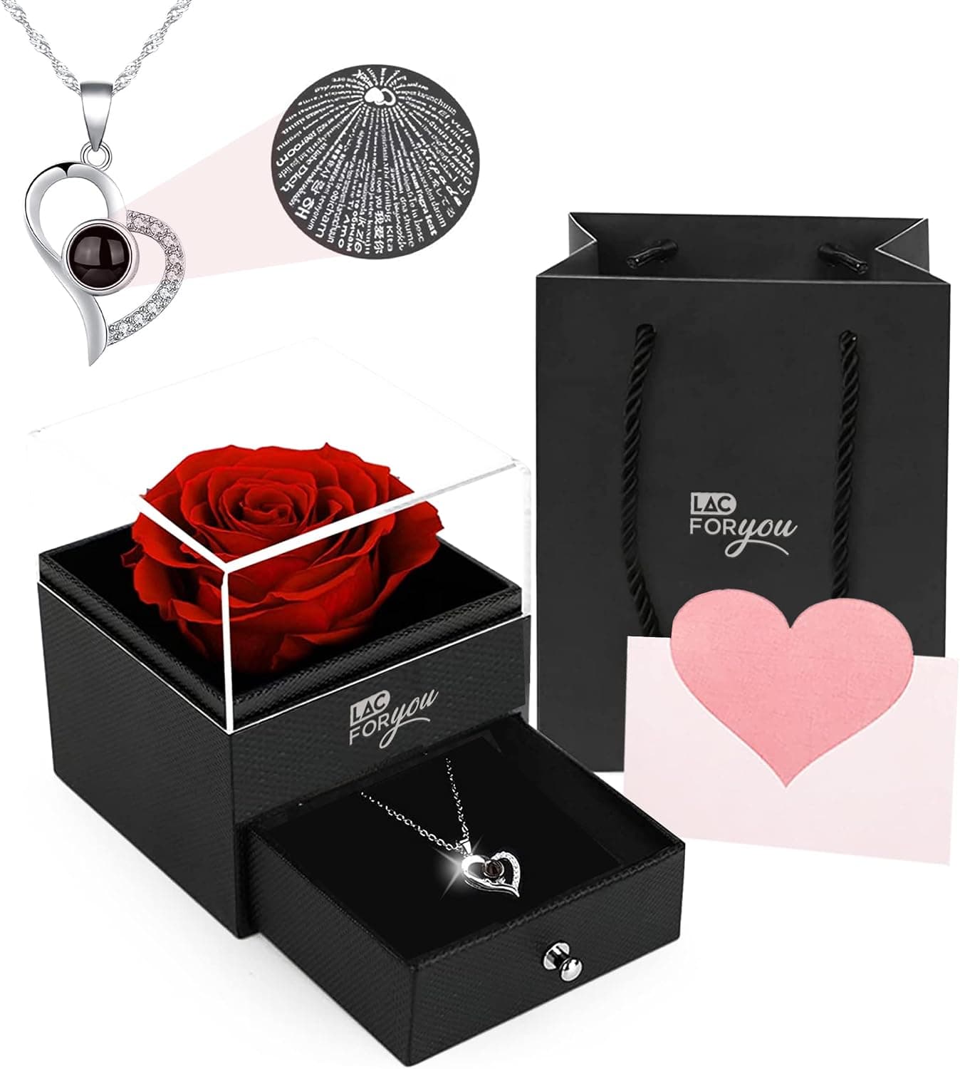 Collar de corazón que se incluye junto a la rosa eterna