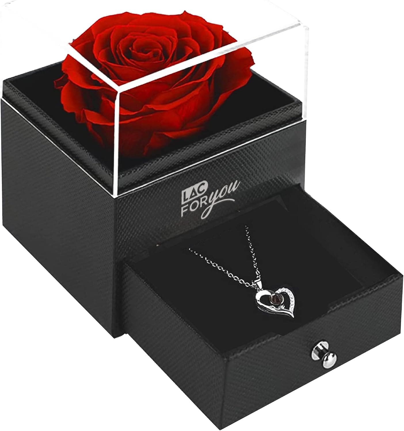 Rosa eterna roja preservada dentro de su caja con cajón