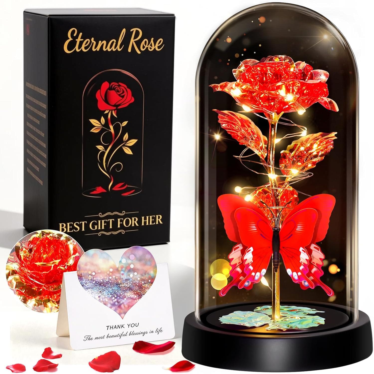 Rosa eterna de cristal con luz LED y mariposa