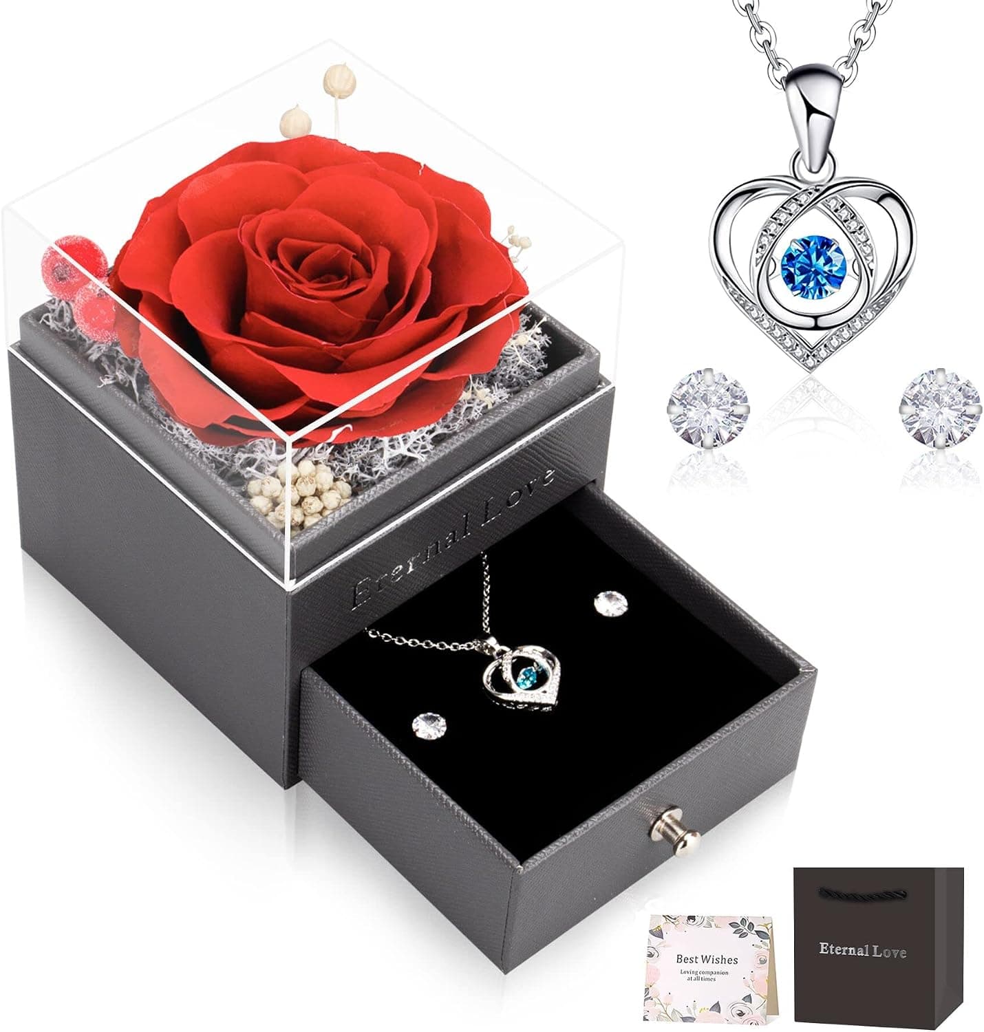Rosa eterna CSYY con collar de corazón y pendientes