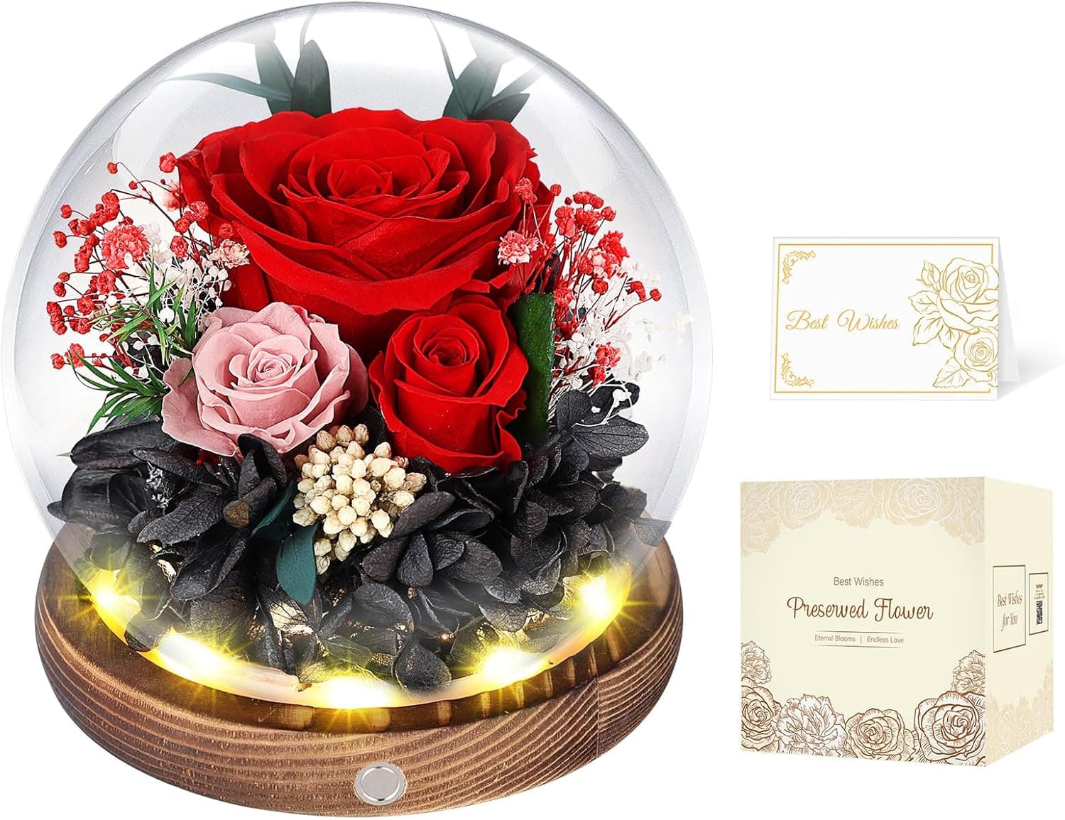 Rosa roja preservada bajo una cúpula de cristal con luz LED