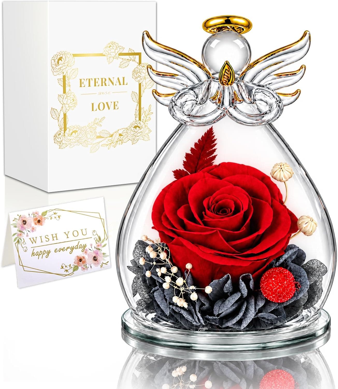 Rosa eterna en cúpula con figura de ángel de cristal