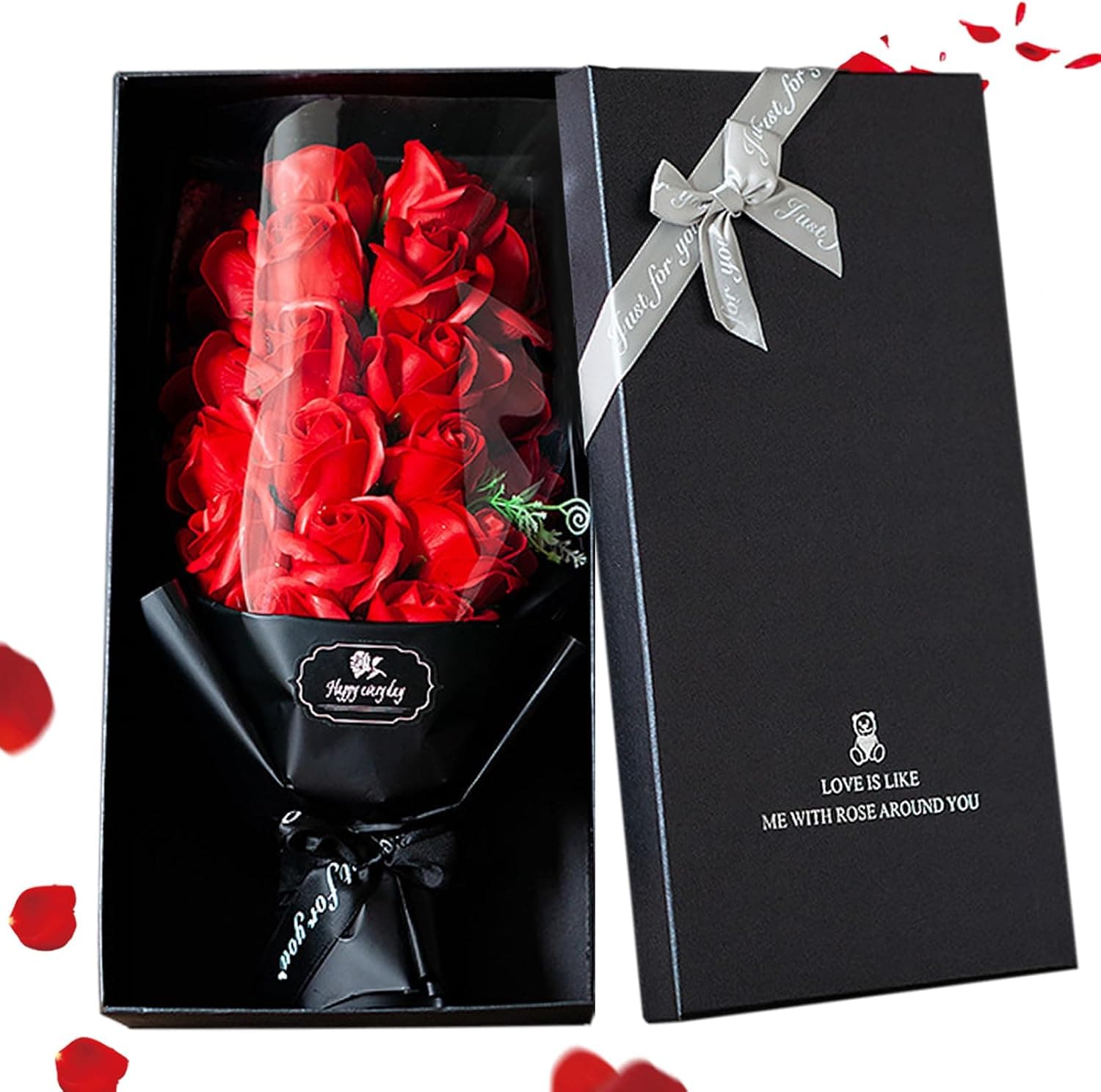 Caja abierta con rosas eternas rojas