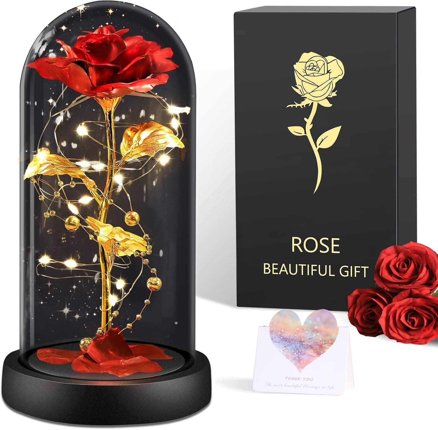 Rosa roja bajo una cúpula de cristal con luces LED encendidas dentro