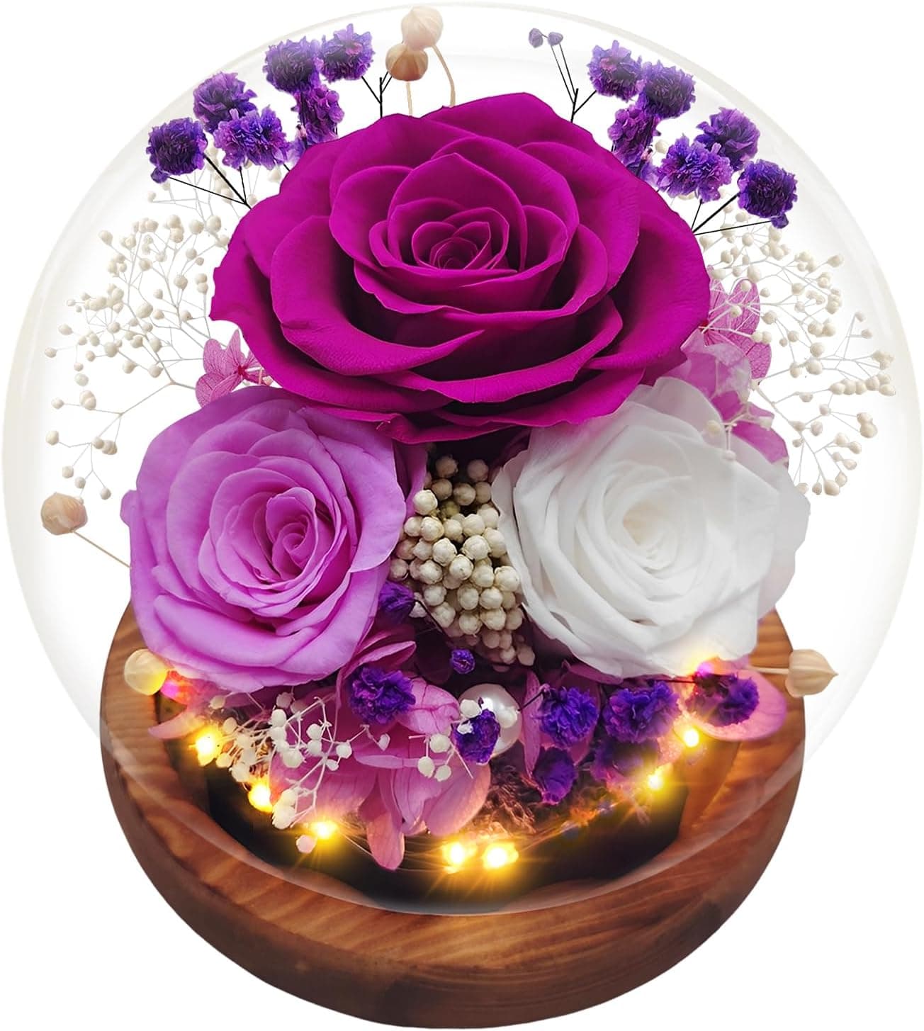 Rosa eterna morada en cúpula de cristal con luz