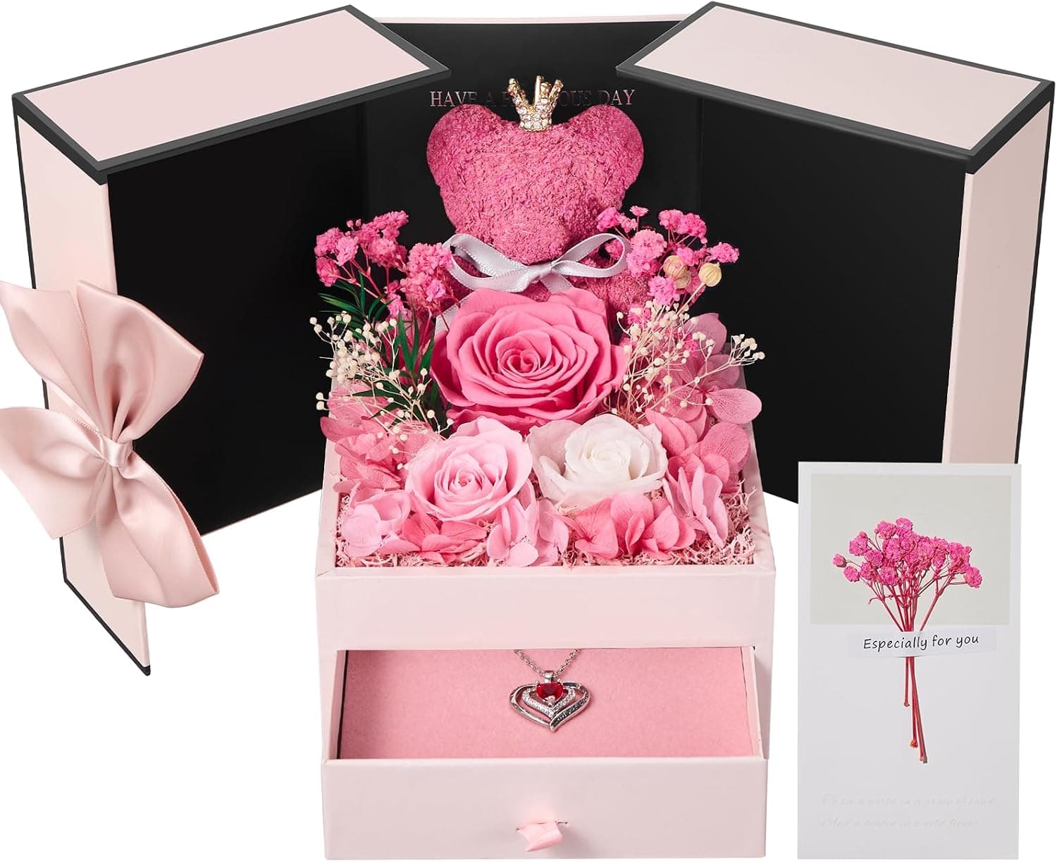 Rosa eterna con osito de musgo y collar