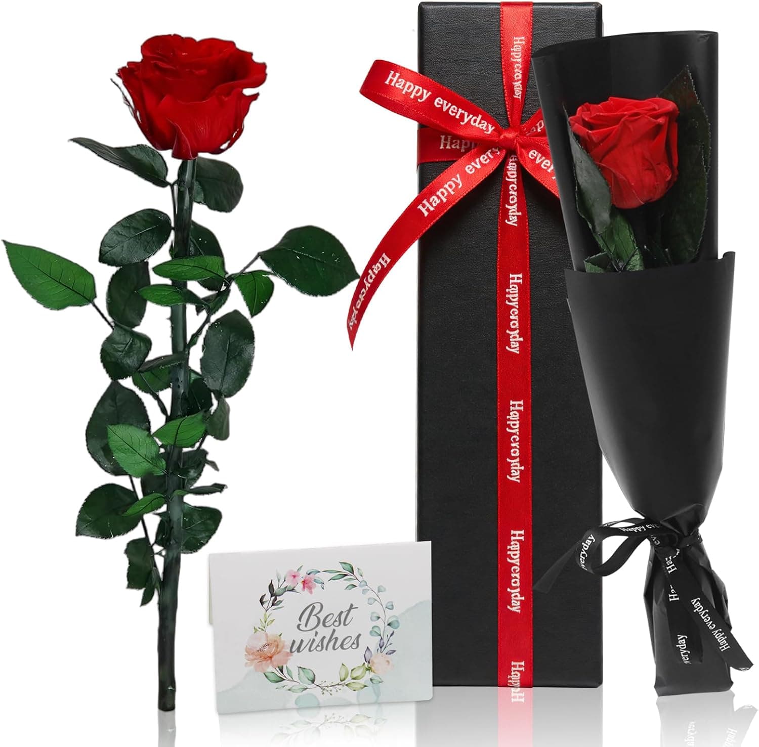 Rosa eterna preservada con tallo natural, en su envoltorio de regalo