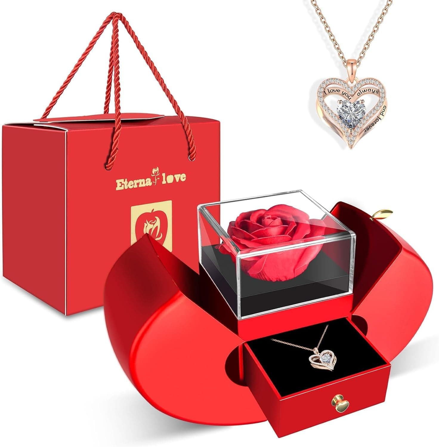 Rosa eterna roja con collar de corazón, para abuelas