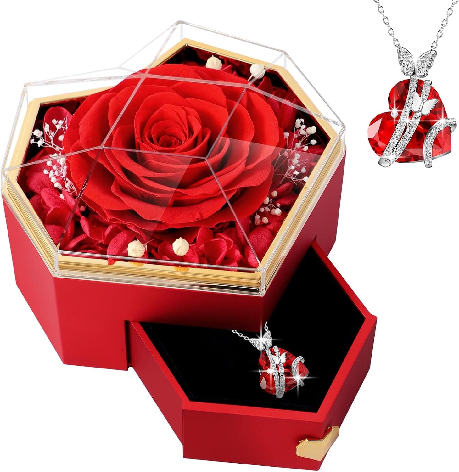 Rosa eterna roja con collar de corazón en caja