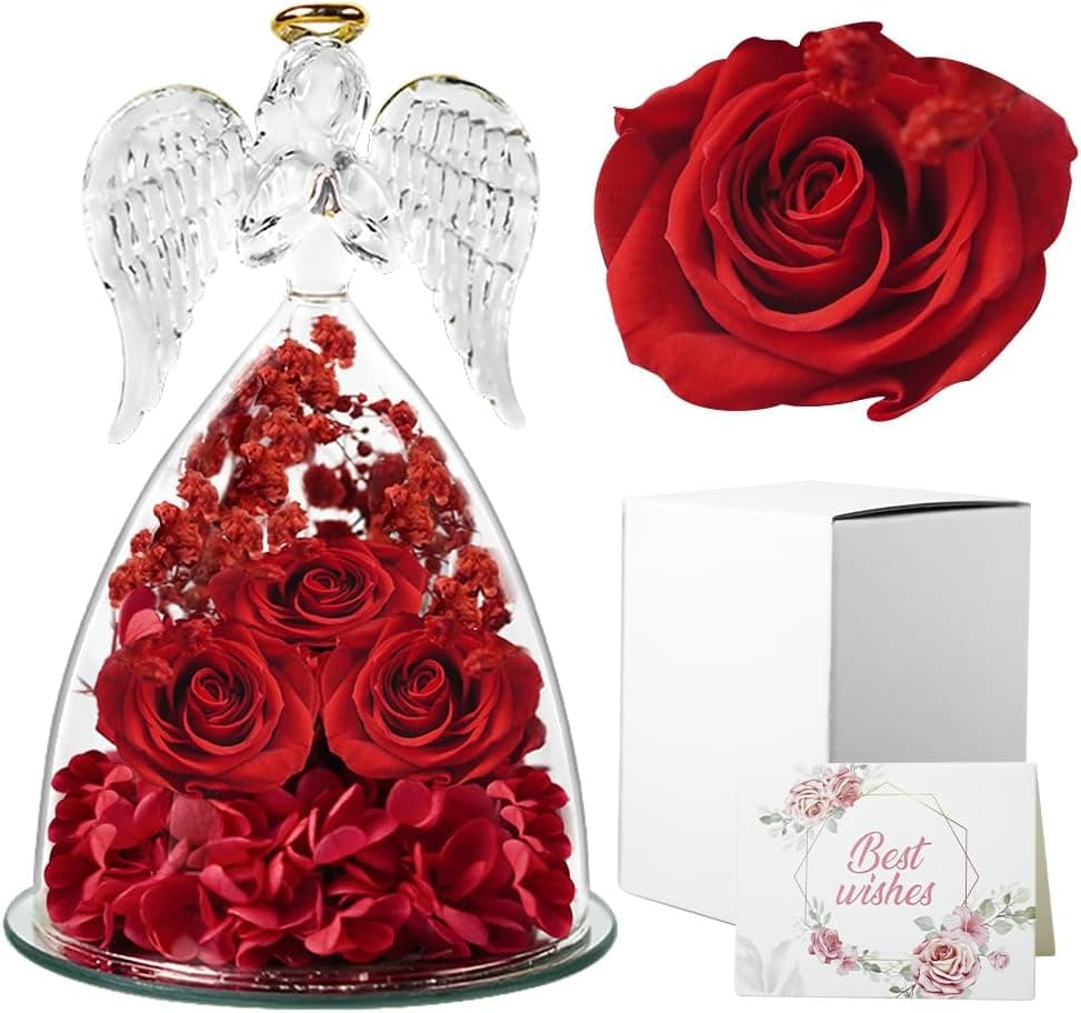 Rosa eterna roja con figura de ángel en caja