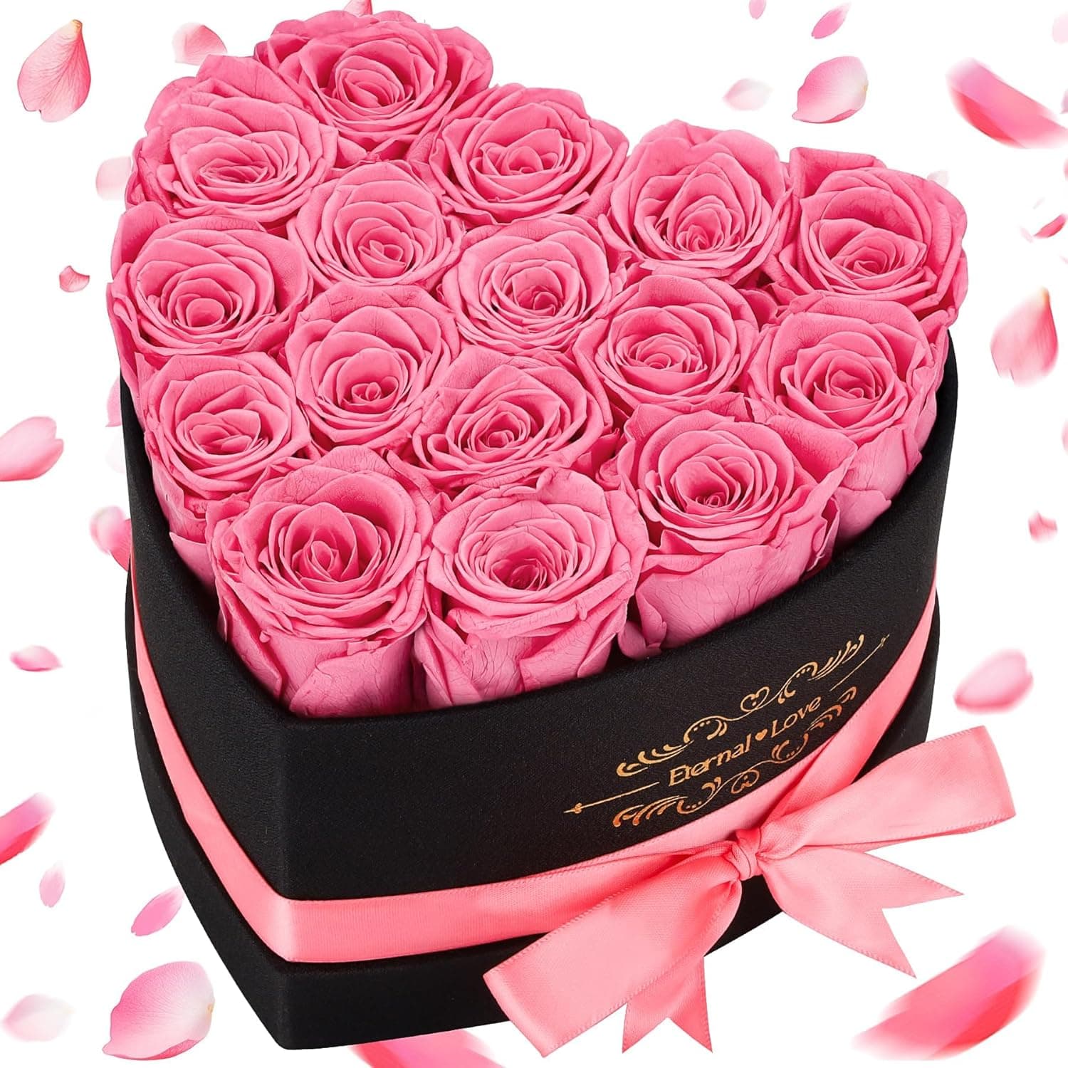 Caja con forma de corazón con dieciséis rosas eternas dentro