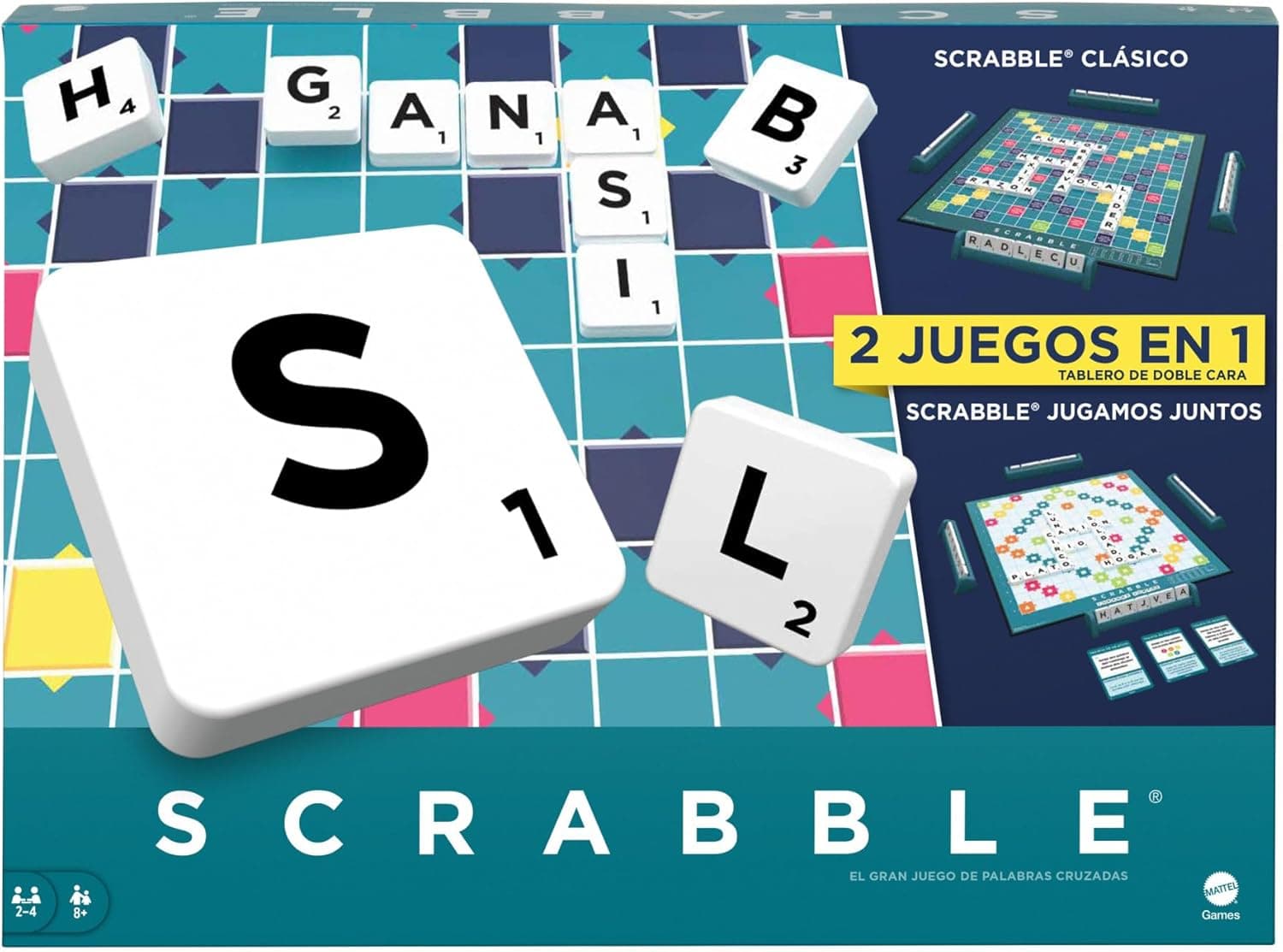 Caja de Scrabble en español con el tablero de fichas de letras