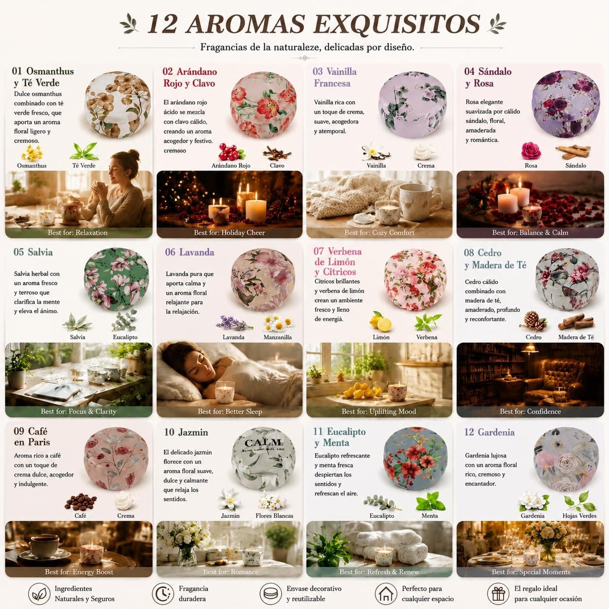 Vela de soja encendida en su lata decorada