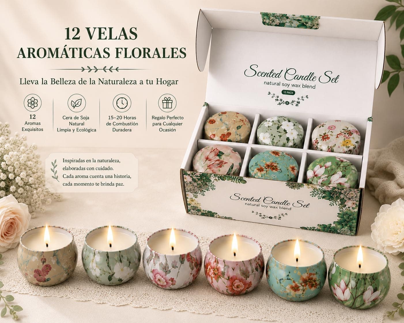 Set de 12 Velas Aromáticas de Soja en Latas Florales, foto 3