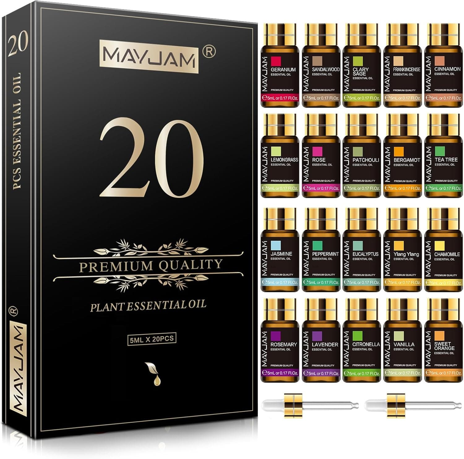 Set de 20 botellitas de aceites esenciales MAYJAM colocadas en fila mostrando las etiquetas de cada aroma
