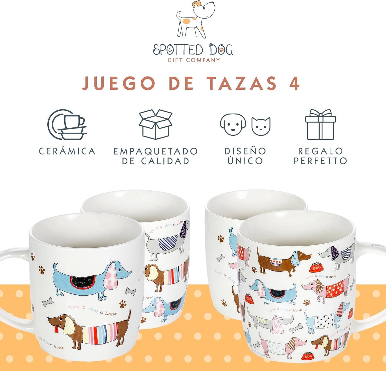 Set de 4 Tazas de Café con Perros Salchicha, Spotted Dog, foto 2