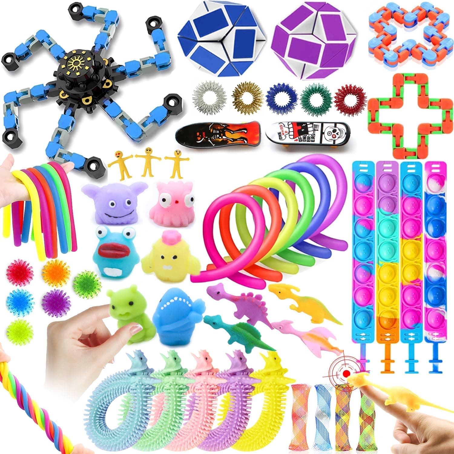 Set de 50 fidget toys de colores variados sobre una mesa