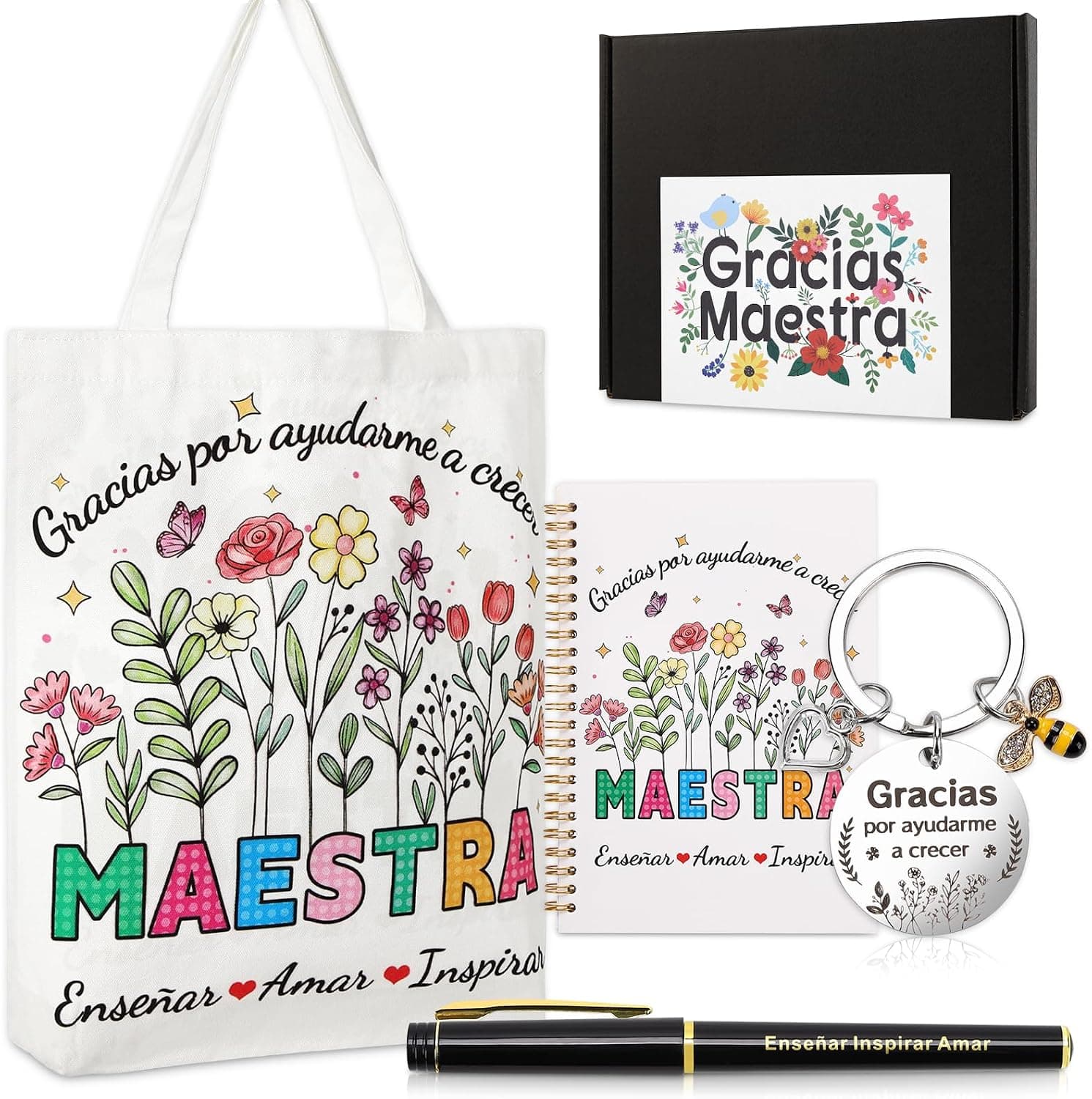 Set de regalo con bolso de mano floral, cuaderno A5, llavero y bolígrafo, en su caja de regalo