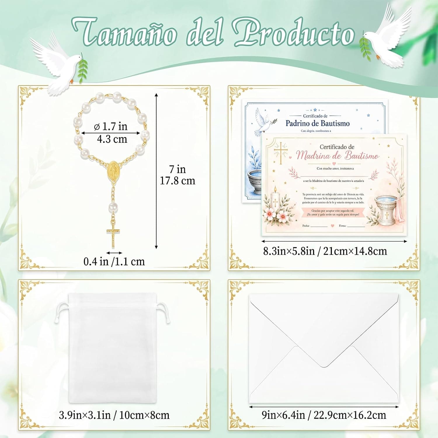Set de 8 Regalos para Padrinos con Certificado y Rosario, foto 2