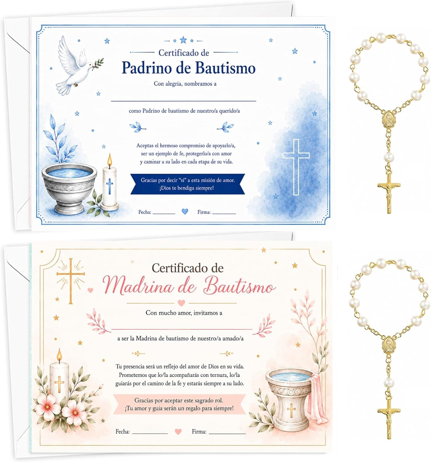 Set de 8 piezas para padrinos de bautizo, con certificados con sobre y rosarios de perlas