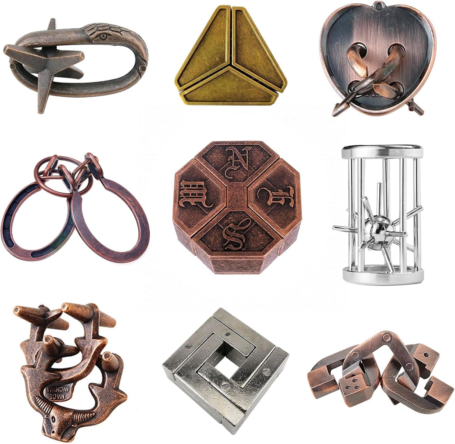 Nueve rompecabezas de metal de distintas formas, de anillos entrelazados a laberintos