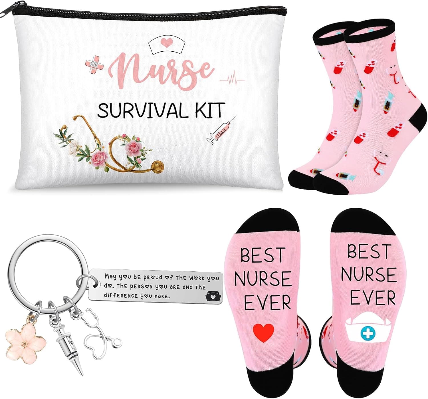Set de agradecimiento con medias, llavero y bolsa de cosméticos