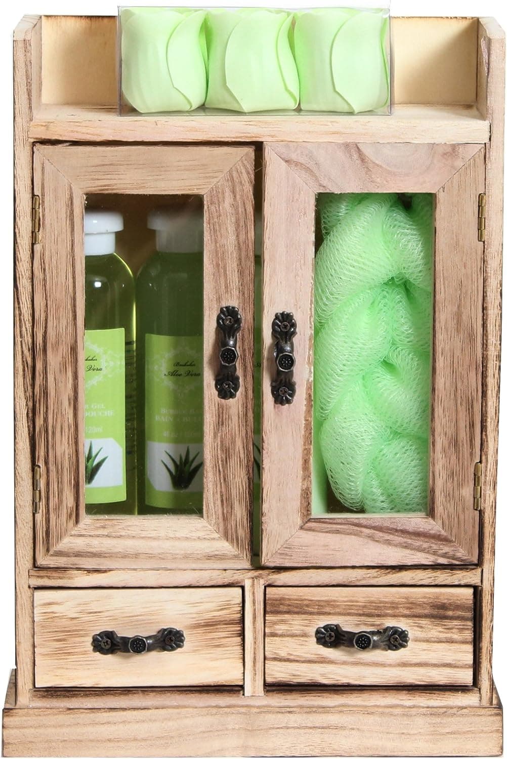 El mueble cerrado de frente, con las puertas acristaladas y la esponja verde encima