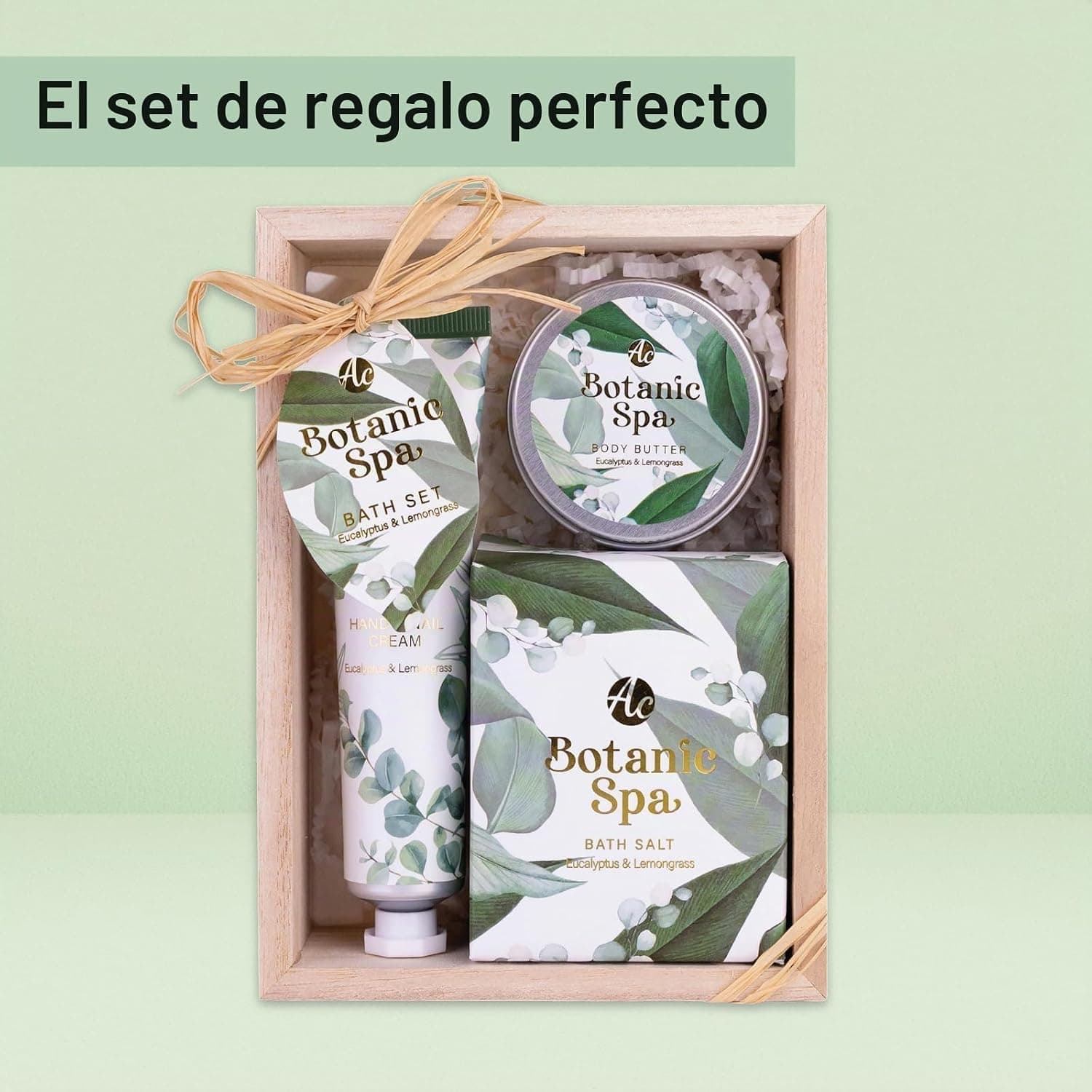Detalle de los tres productos del set de baño
