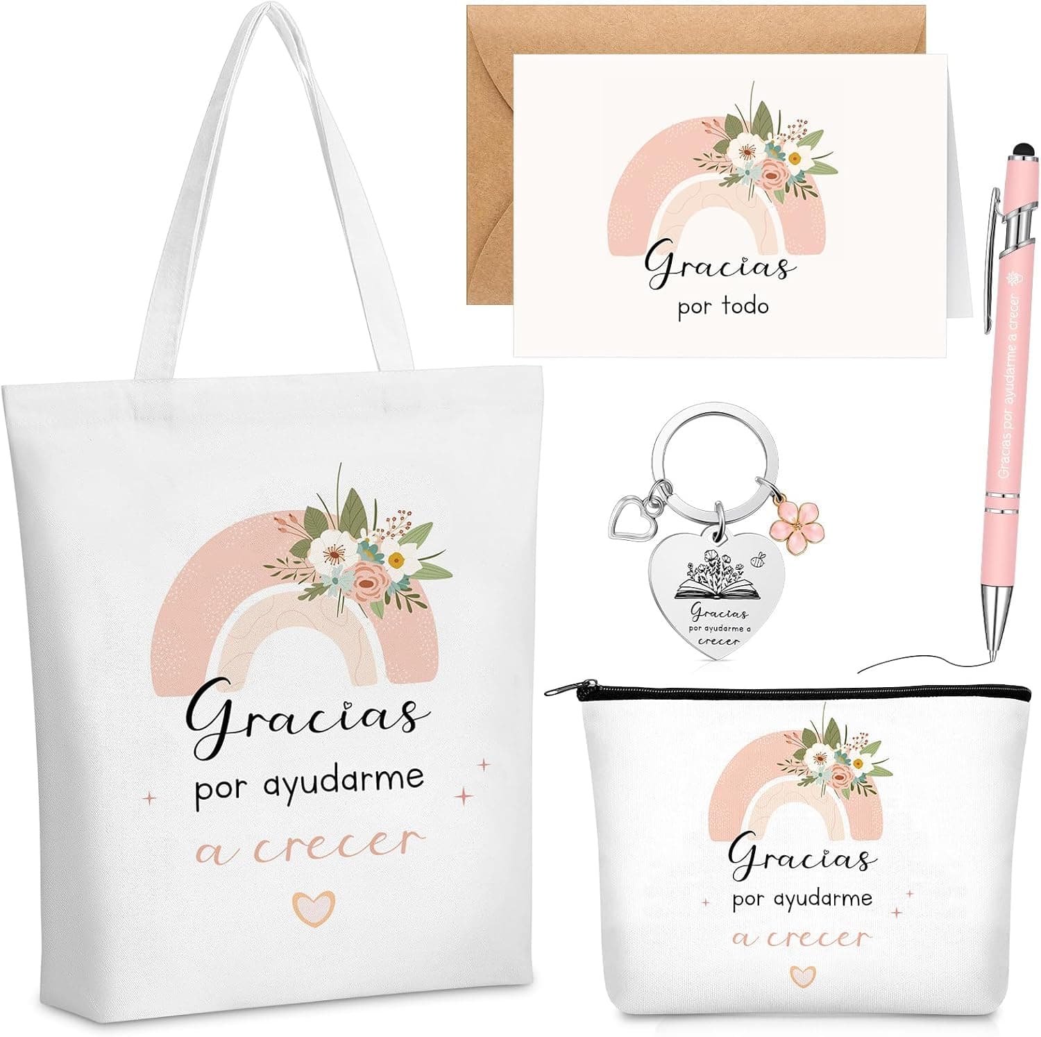 Set de bolsa tote, neceser, llavero y tarjeta con el mensaje «Gracias por ayudarme a crecer»