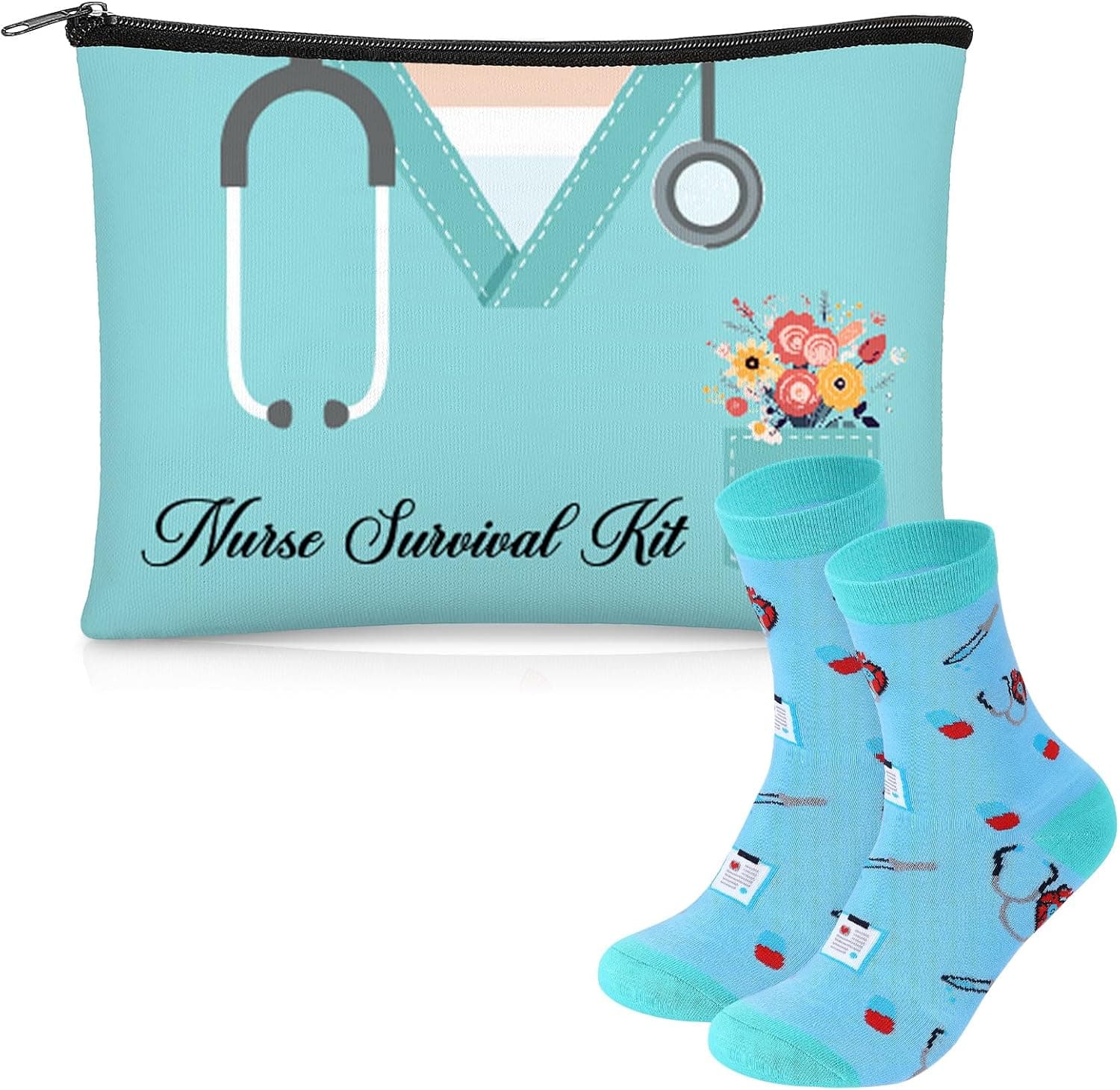Set de calcetines y neceser con estampado de flores y estetoscopios