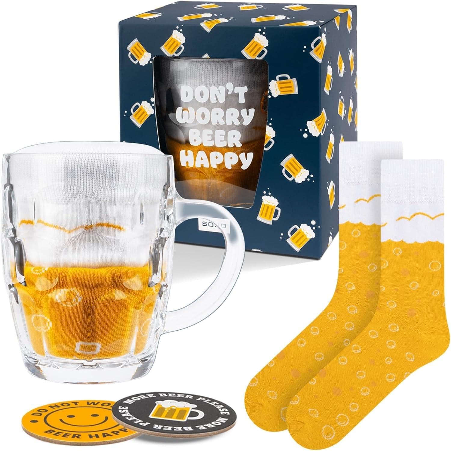 Set de regalo con calcetines, jarra y abridor de cerveza
