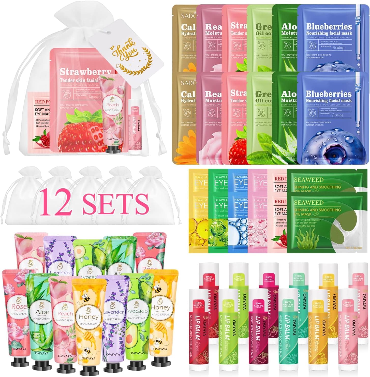 Set de cuidado de piel ZKONLY con mascarillas faciales de fresa y arándano, cremas de manos, parches de ojos y bálsamos labiales repartidos en bolsitas individuales