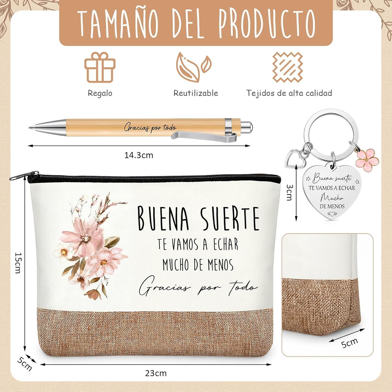Infografía con las medidas de las tres piezas: neceser de 23 x 15 x 5 cm, bolígrafo de 14,3 cm y dije del llavero de 3 cm