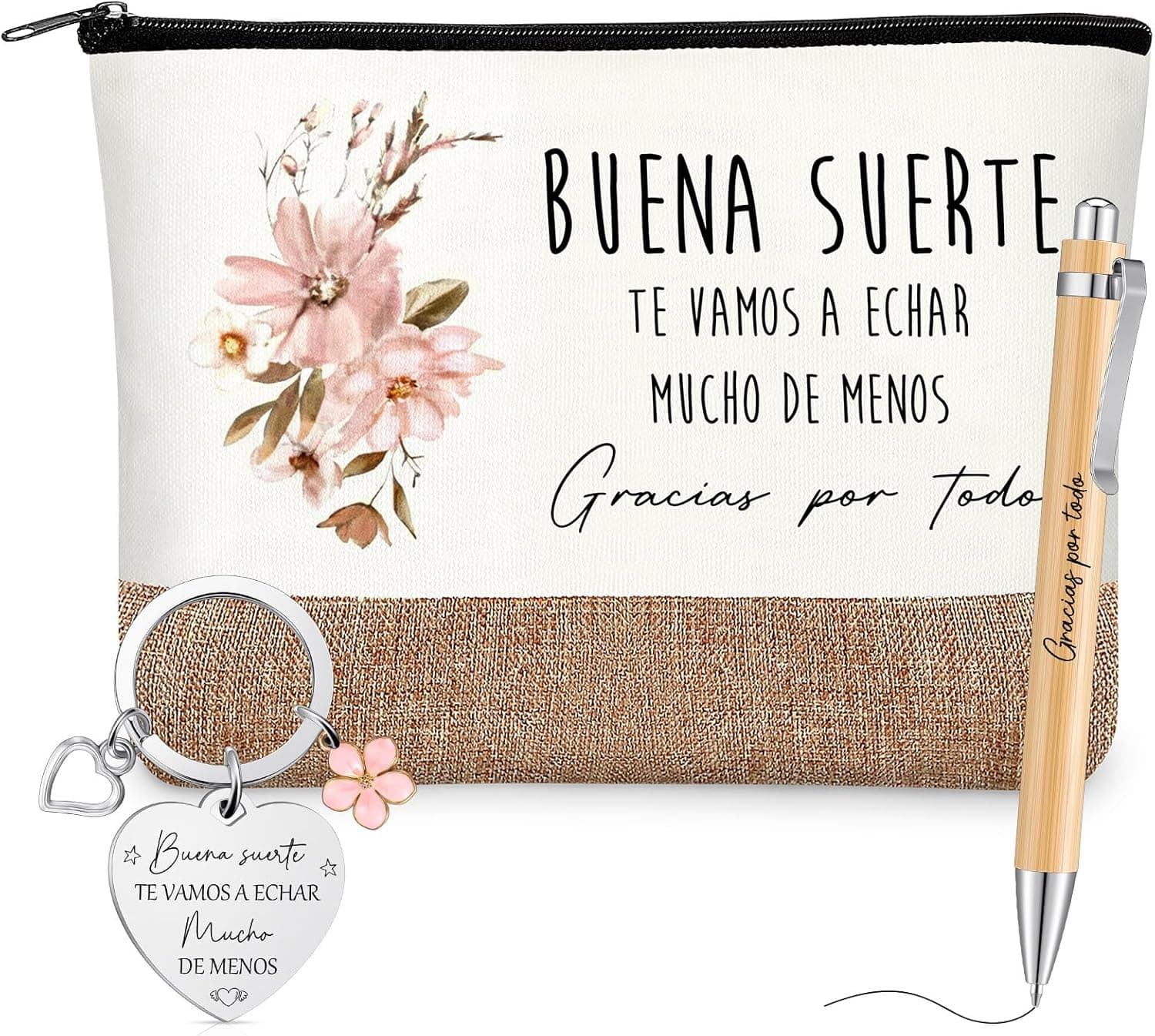 Neceser de tela con flores rosas y el mensaje "buena suerte, te vamos a echar mucho de menos, gracias por todo", junto a un llavero con dije de corazón grabado y un bolígrafo de madera con el texto "gracias por todo"