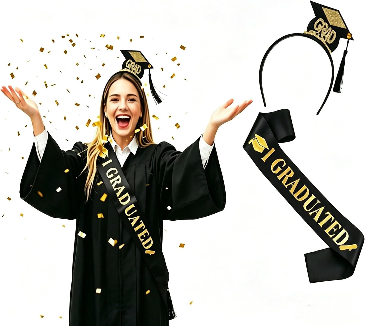 La diadema con forma de birrete junto a la banda de graduación del pack de Koqaiiz