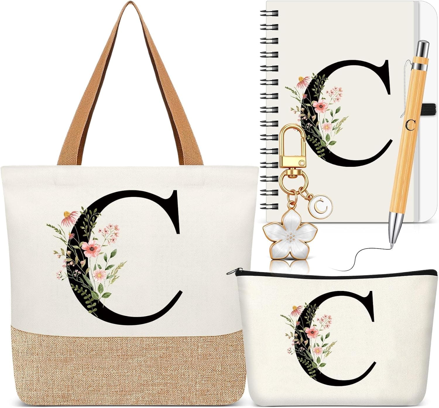 Set de bolsa tote, neceser, llavero y libreta con la inicial del nombre estampada