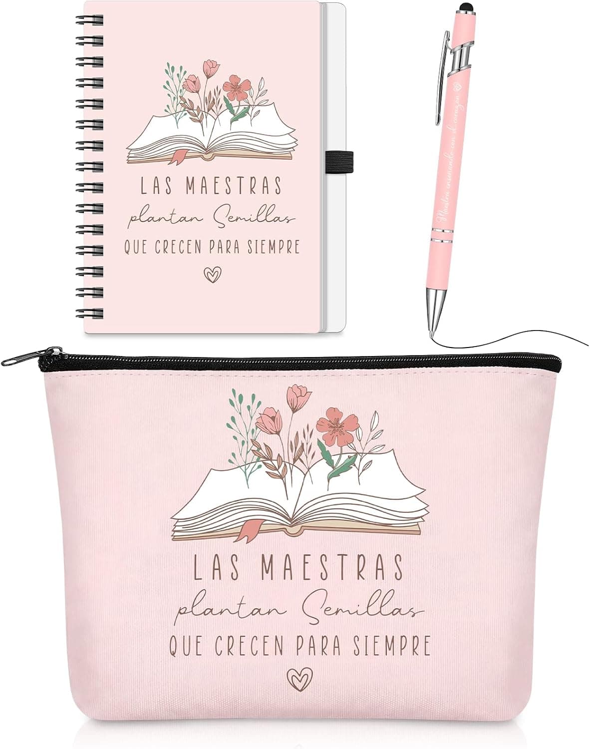 Neceser, libreta de espiral y bolígrafo en tonos rosas con el mensaje "las maestras plantan semillas que crecen para siempre"