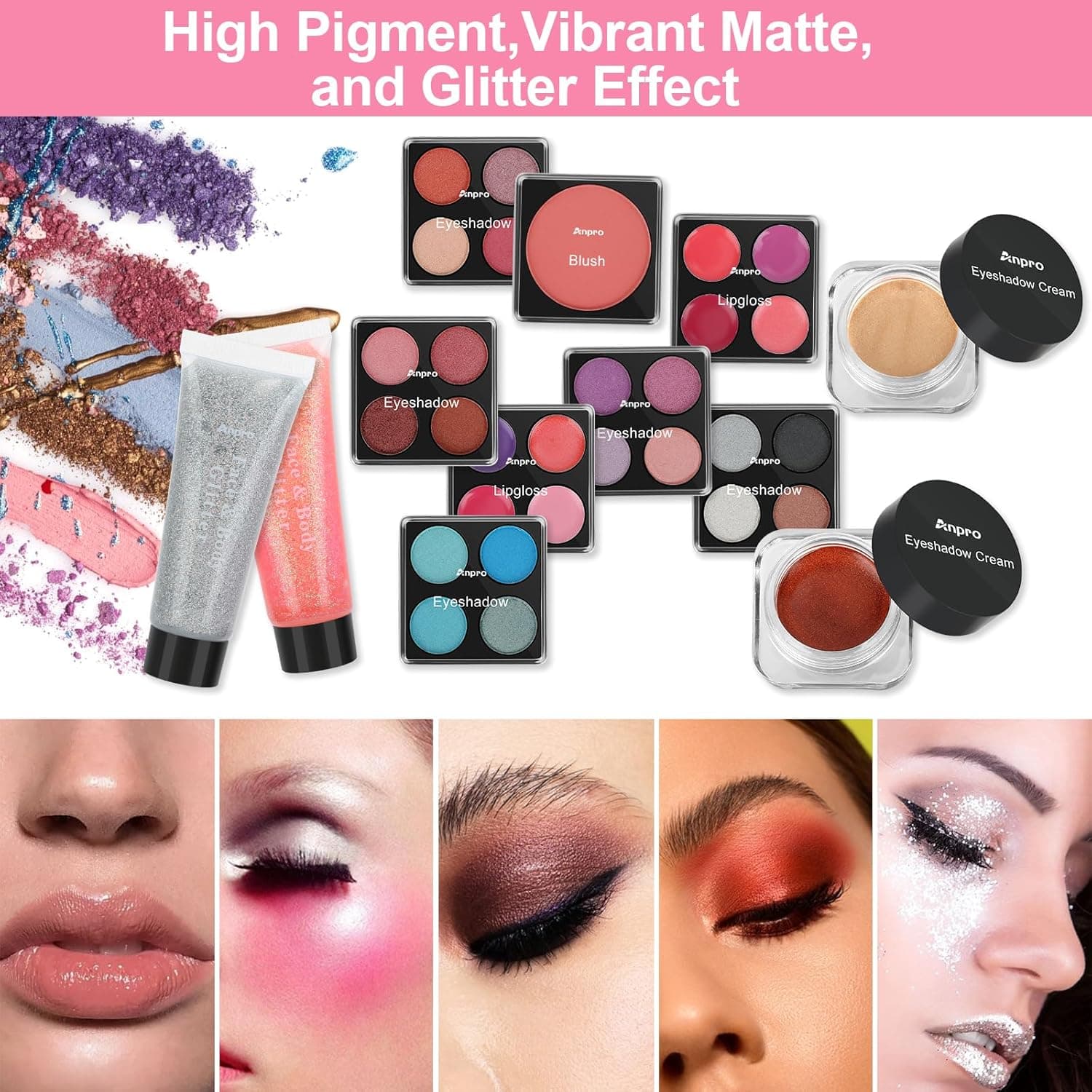 Detalle de las paletas de bálsamos labiales y los geles de purpurina