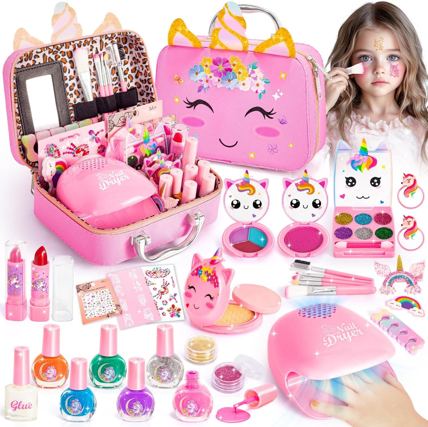 Set de maquillaje y manicura infantil con neceser de unicornio