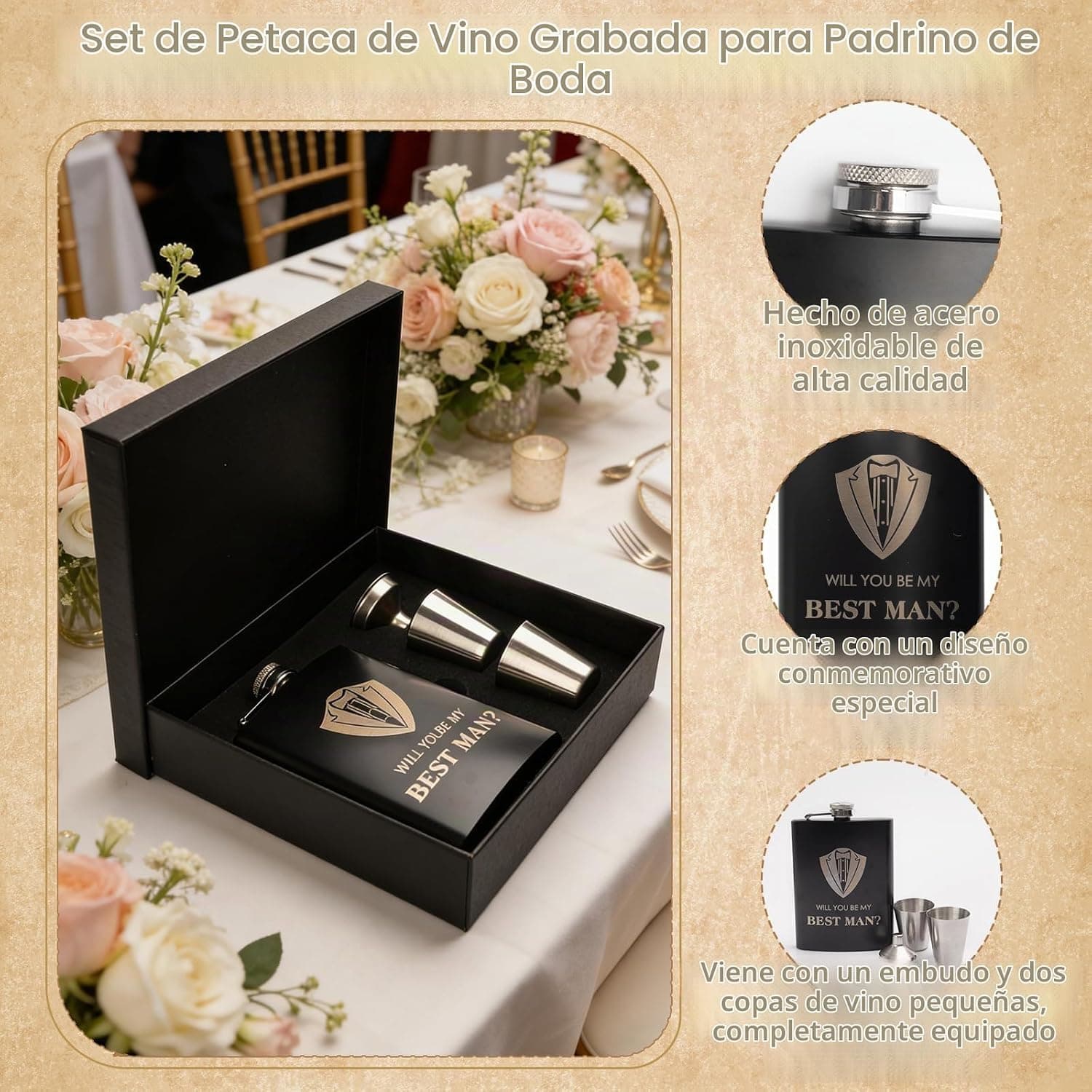 Set de Regalo para Padrino de Boda con Petaca Grabada, foto 3