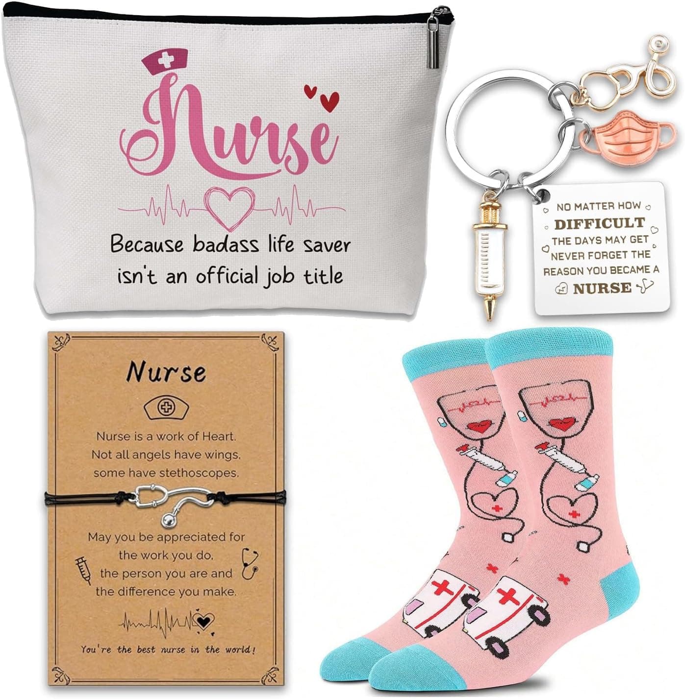 Set de regalo con bolsa de cosméticos, calcetines, llavero y pulsera de estetoscopio
