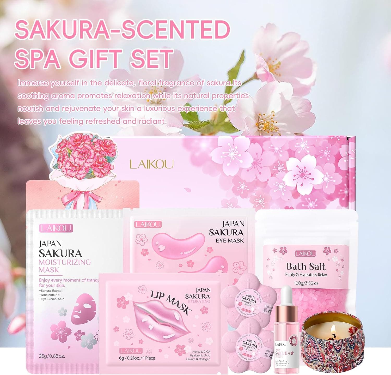 Detalle de las ocho piezas del set Sakura spa, con sus ingredientes y tamaños