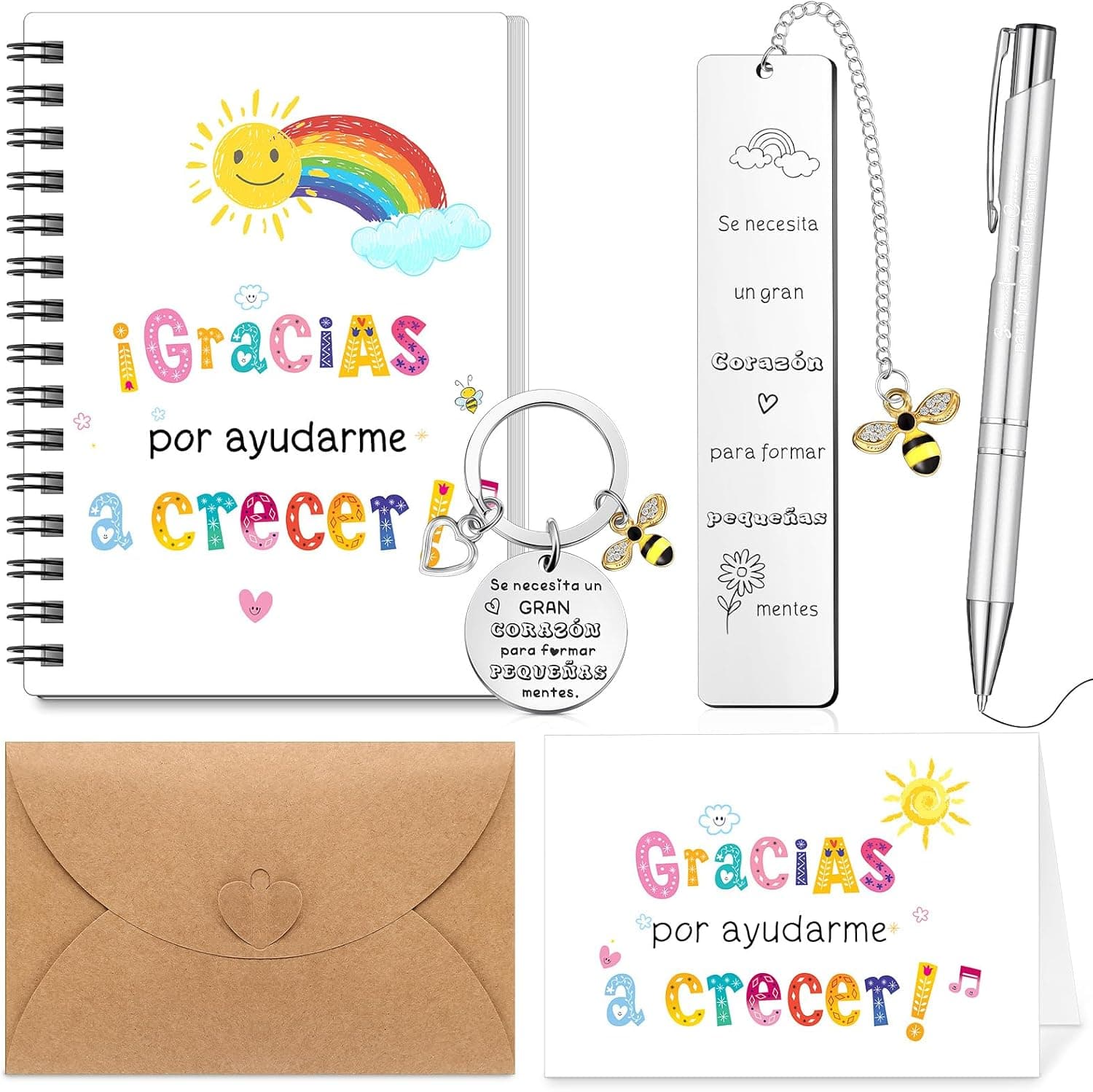 Set de seis piezas con tema de abeja: cuaderno, bolígrafo, llavero, marcapáginas, tarjeta y sobre
