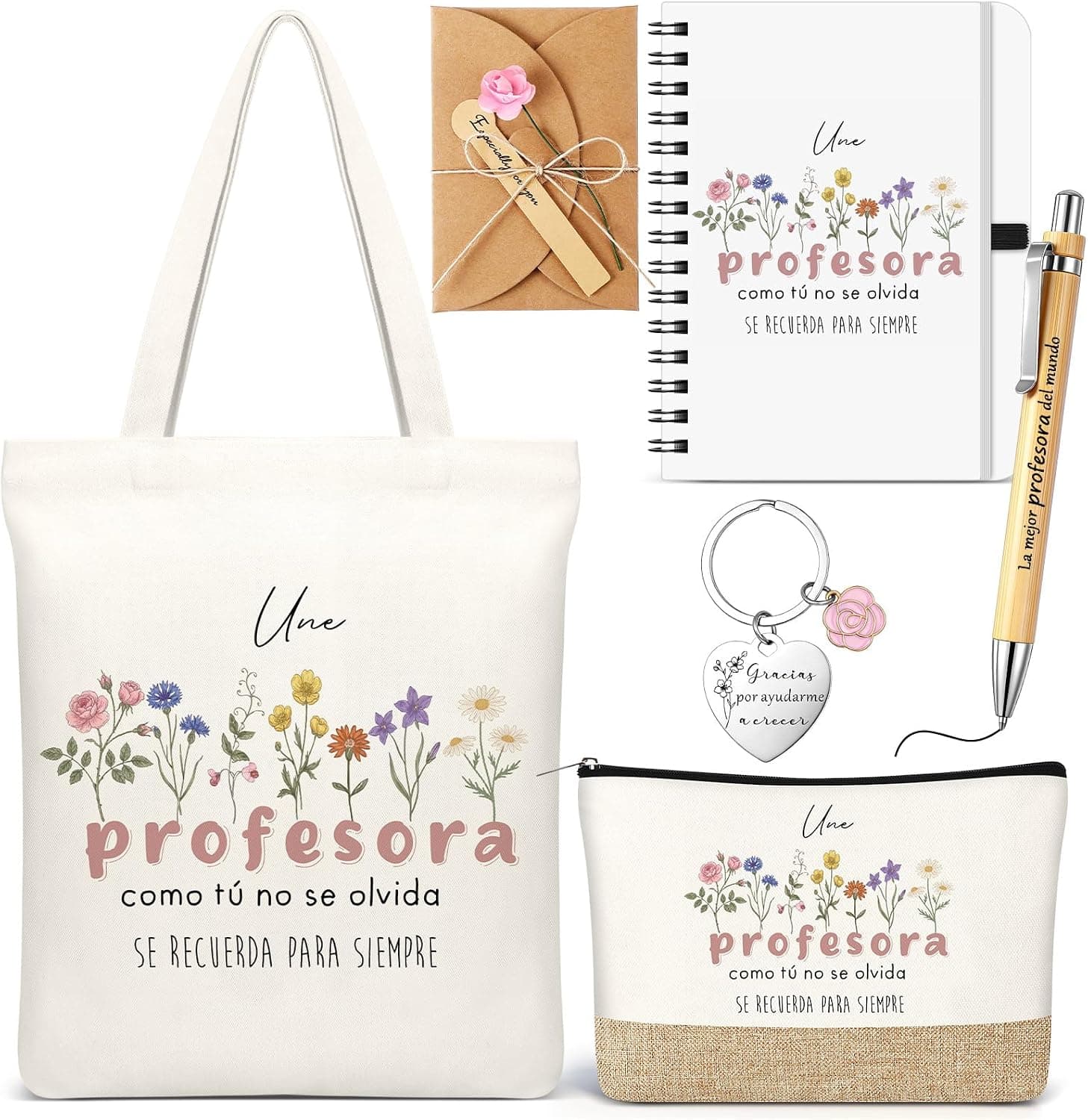 Bolsa tote y neceser con flores silvestres y el mensaje "Una profesora como tú no se olvida, se recuerda para siempre", junto a un cuaderno espiral, un llavero, un bolígrafo de bambú y una tarjeta con sobre