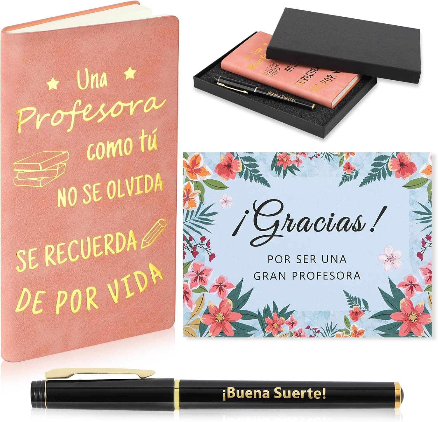 Set de regalo con cuaderno, pluma y tarjeta para profesora