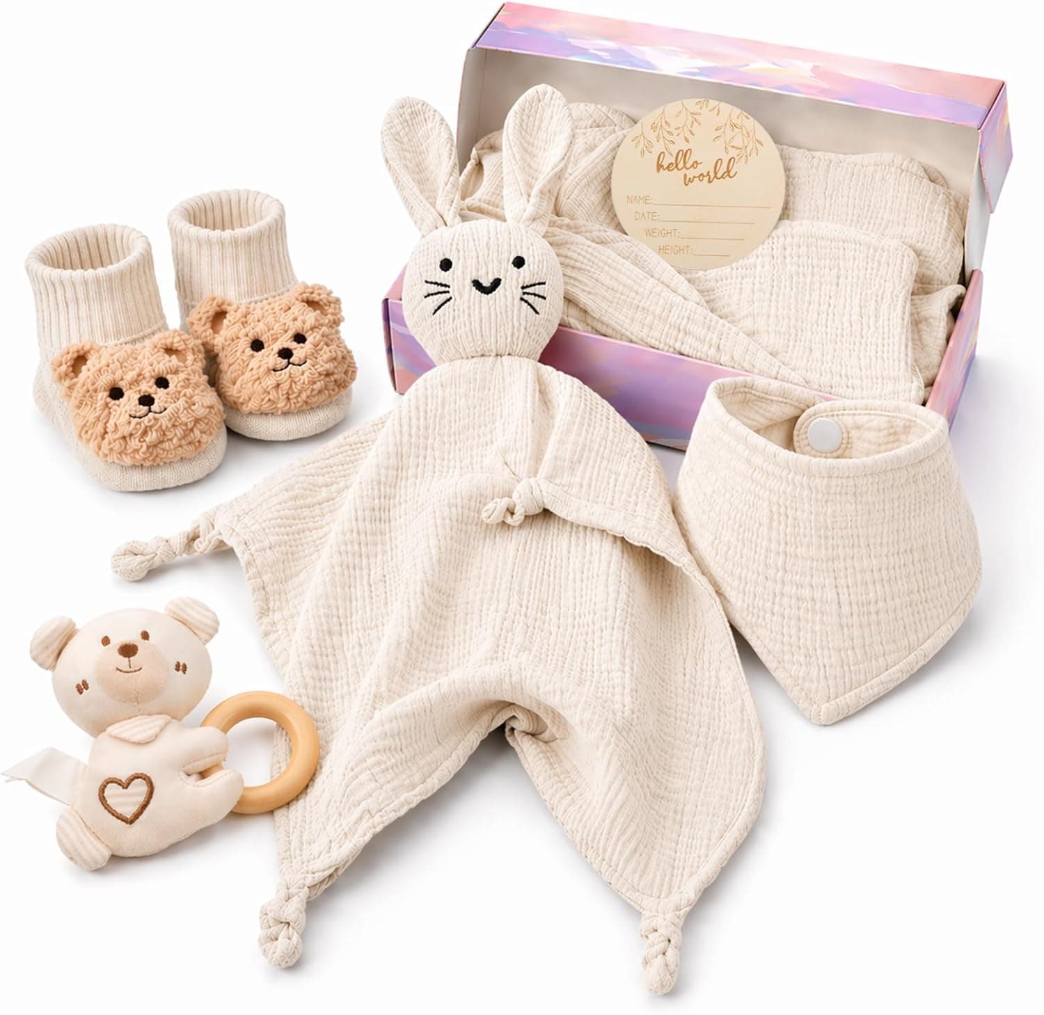 Set de regalo para recién nacido con manta, babero, calcetines y tarjeta de hitos de madera