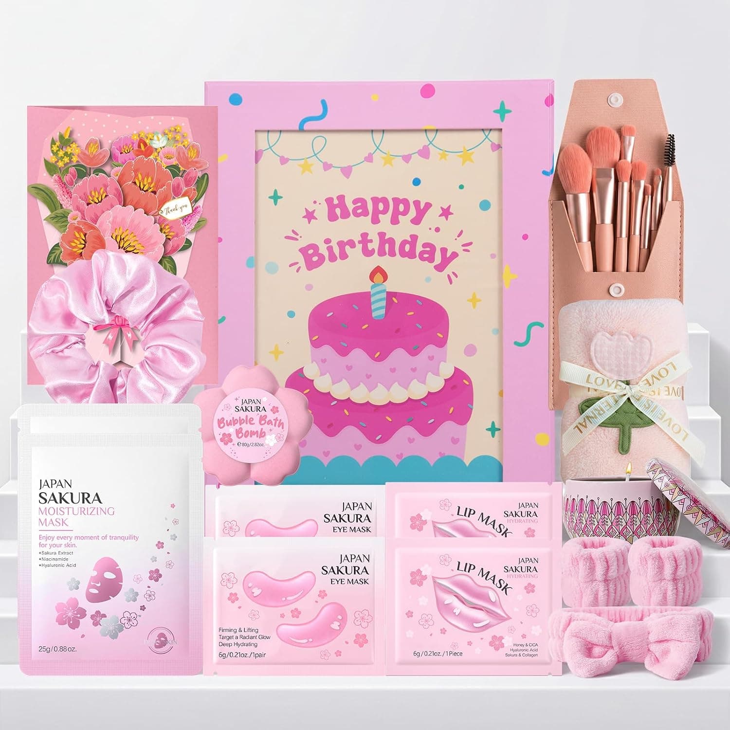 Set de cumpleaños de 15 piezas con tarjeta floral, caja con diseño "Happy Birthday", set de pinceles, mascarillas Sakura, bomba de baño y diadema rosa