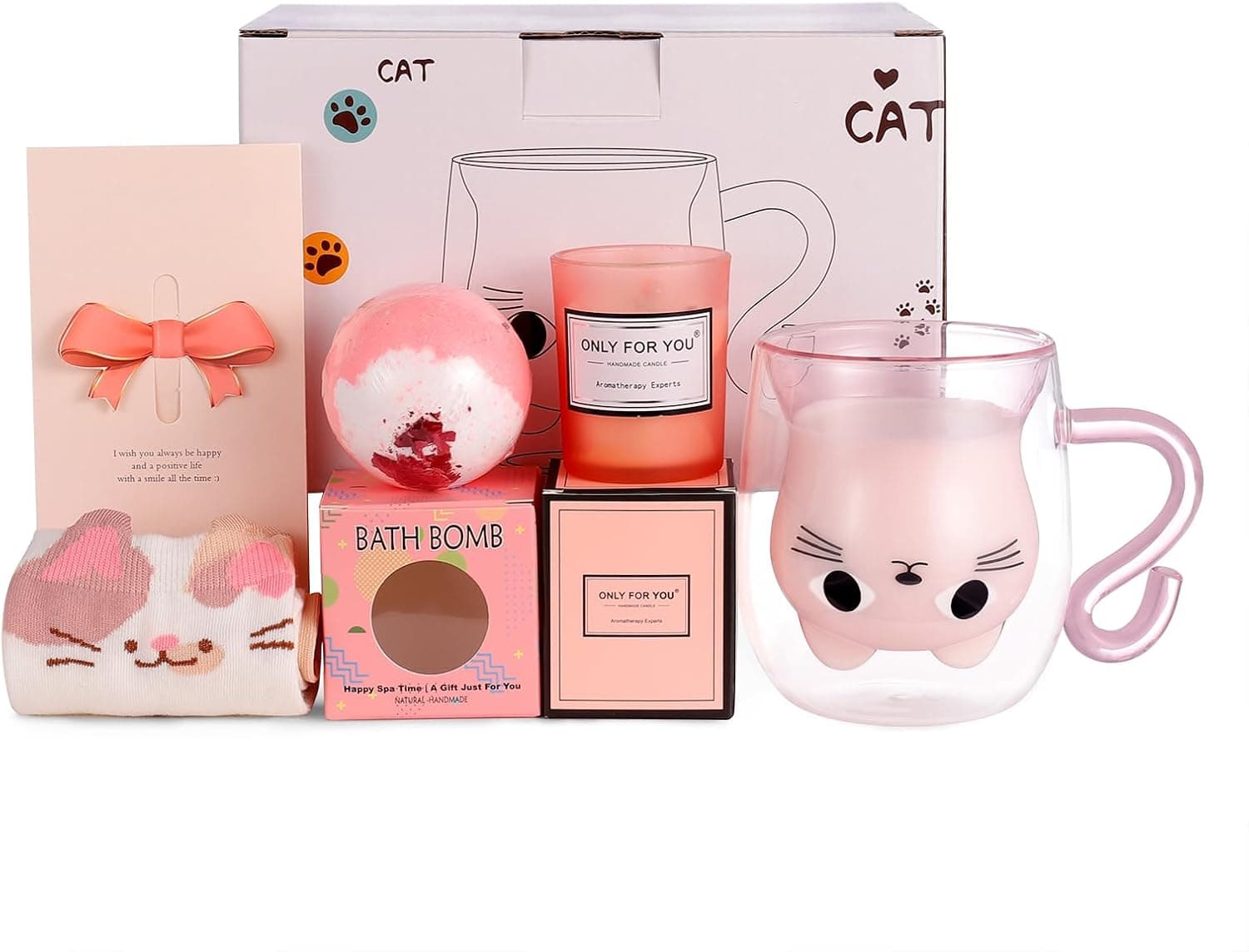 Set con taza de gato de cristal rosa, calcetines y vela, presentado en caja