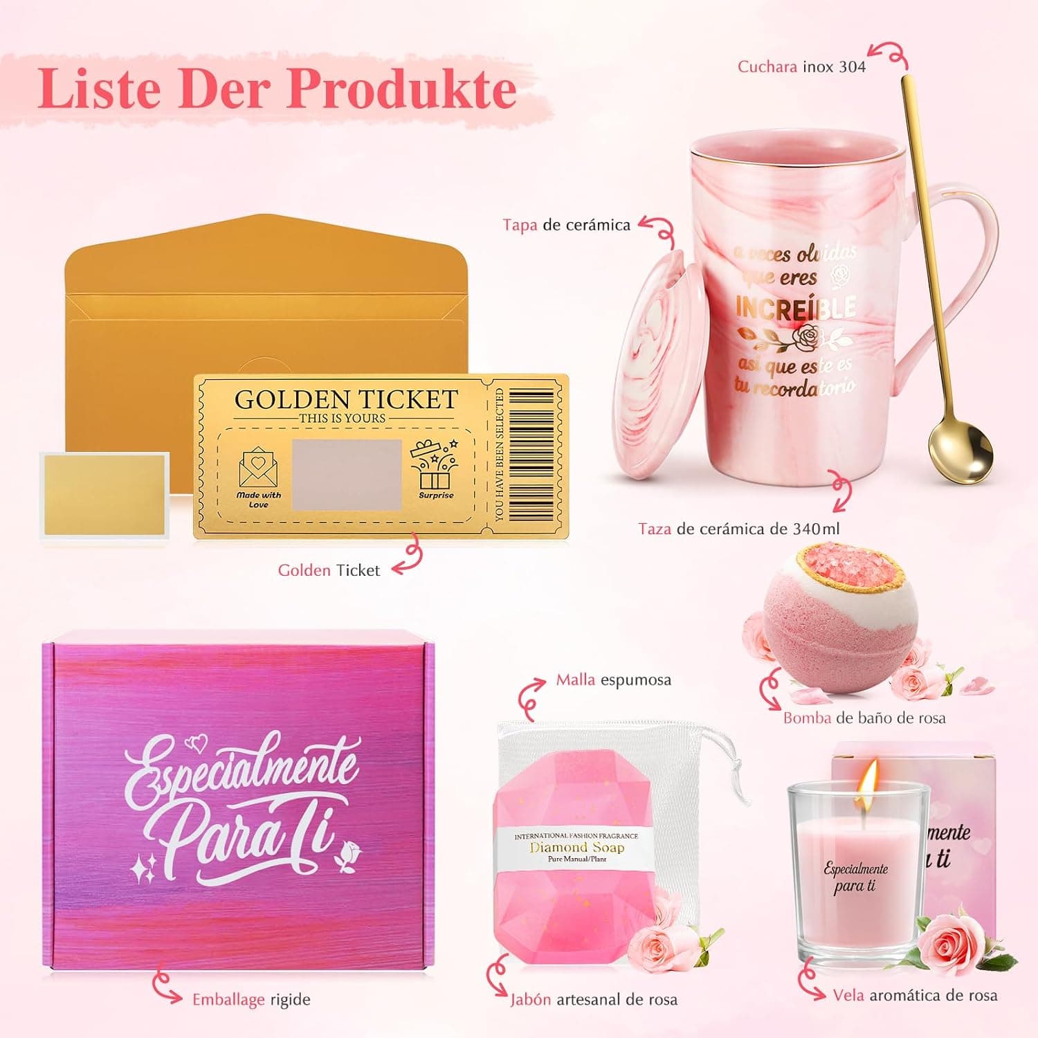 Detalle de la taza de mármol rosa con su tapa y la cuchara