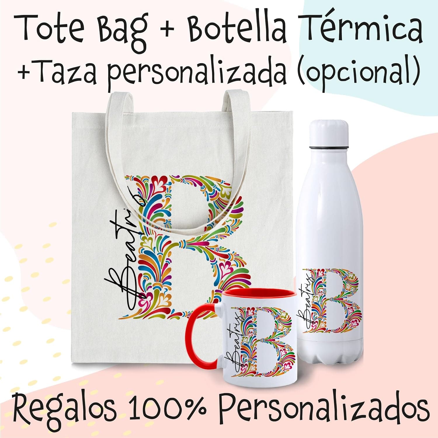 Detalle de la personalización con nombre e inicial sobre la tote bag